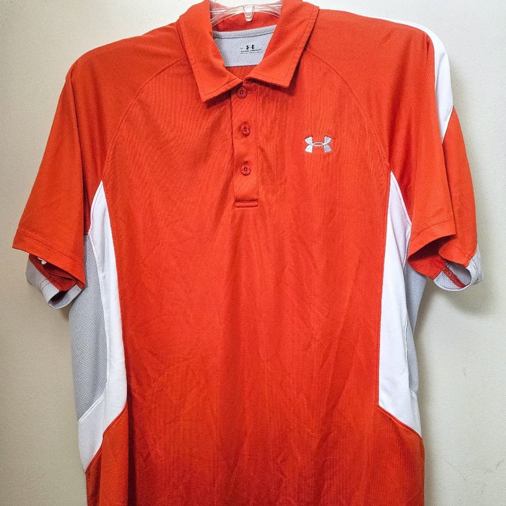 Under Armour Shirt Men's Size Large Orange White Polo Loose Fit Golf Athleisure